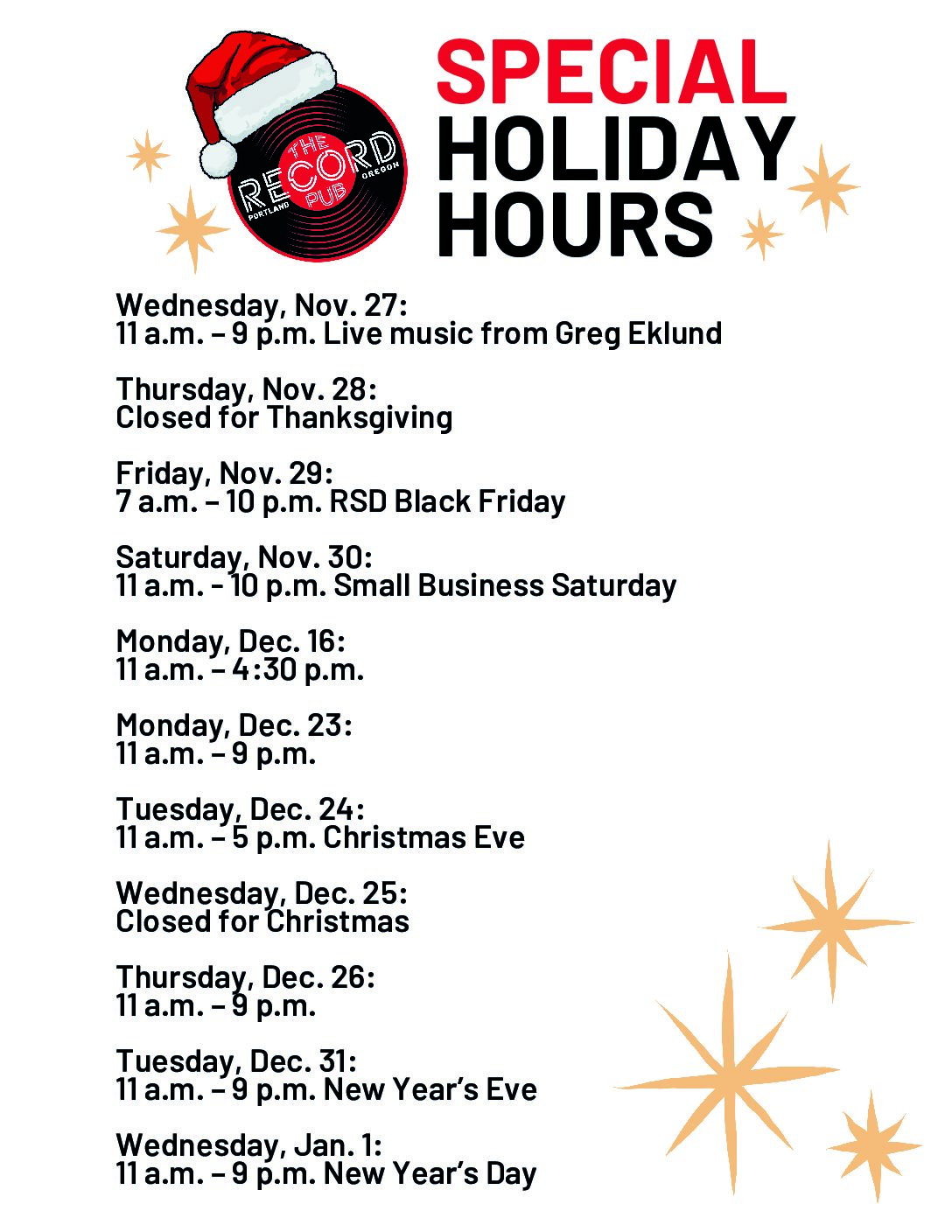 HOLIDAY HOURS AT TRP